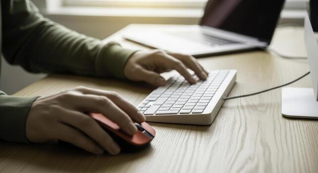 Man hands typing on a computer keyboard and using a red mouse on a wooden desk. photo