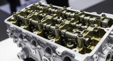 Detailed view of a disassembled car engine cylinder head with visible camshafts and valve train components photo
