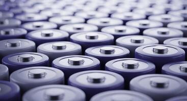 Close up of many cylindrical lithium ion batteries for power and energy storage photo
