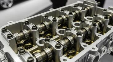 Detailed view of a disassembled car engine cylinder head with visible camshafts and valves photo