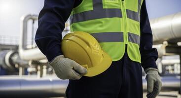 Professional construction worker in safety vest holding yellow hard hat at industrial site photo