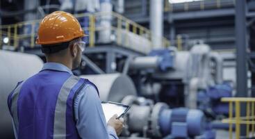 Professional male engineer in hard hat and safety vest using tablet in industrial factory photo