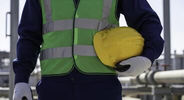 Industrial worker in safety vest and gloves holding yellow hard hat at facility photo