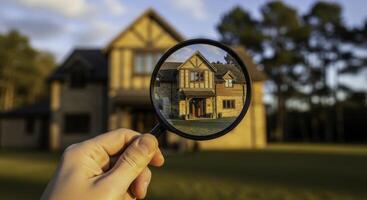 Close up of a man hand holding a magnifying glass inspecting a charming rustic house photo