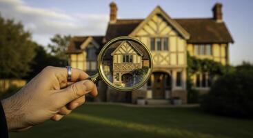 Man hand holding magnifying glass inspecting a charming rustic house photo