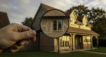 Man hand holding magnifying glass inspecting rustic house window photo
