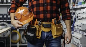 Professional male electrician holding hard hat and wearing tool belt in store photo