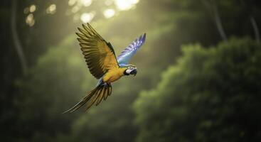 Vibrant blue and yellow macaw in full flight through lush tropical forest with sunlight photo