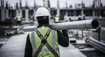 A construction worker in a hard hat and safety vest carries a metal pipe on a building site. photo