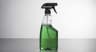 Clear plastic spray bottle filled with vibrant green all purpose cleaning liquid photo