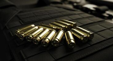 Pile of shiny brass 9mm pistol ammunition rounds on dark tactical vest photo