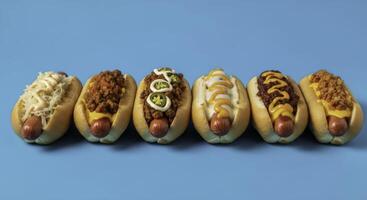 Gourmet hot dogs with diverse toppings including chili, cheese, mustard, and sauerkraut photo