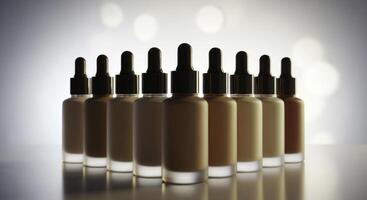 Cosmetic foundation bottles with diverse skin tone shades in a professional studio photo