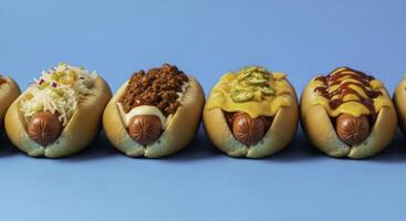 Six delicious gourmet hot dogs with various toppings on a blue surface photo