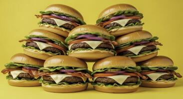 Nine delicious juicy burgers stacked in a staggered pyramid with melted cheese and crispy bacon photo