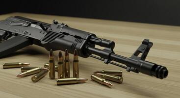 Black AK 47 assault rifle and ammunition on a wooden table, close up photo