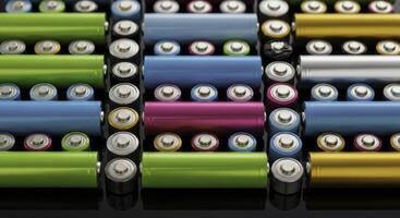 Assorted colorful alkaline batteries neatly arranged for power and energy photo