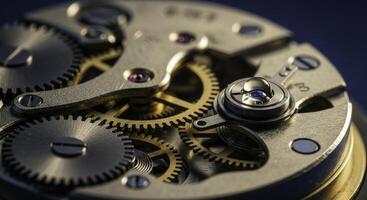 Close up of intricate clockwork mechanisms with gears and precision components and a drop of oil photo