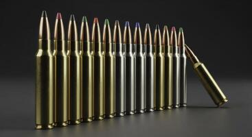 Precise line of assorted rifle cartridges with different colored tips and casings photo