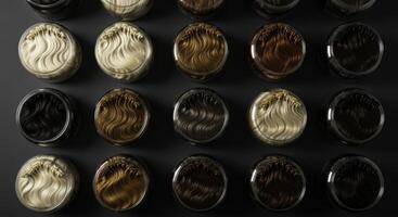 Collection of wavy human hair samples in glass jars on dark background photo