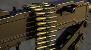 Detailed close up of a heavy machine gun with a loaded ammunition belt and bullets photo