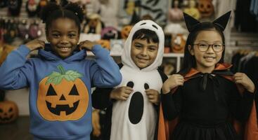 Smiling diverse kids in halloween costumes, jack o lantern, ghost, and black cat photo