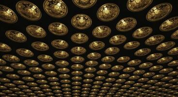 Luxurious modern architectural ceiling featuring numerous circular golden decorative elements photo