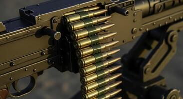 Close up of a heavy machine gun with a belt of .50 caliber ammunition photo