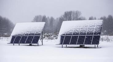 Two dark blue solar panels covered in fresh snow during a winter snowfall photo