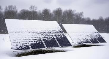 Renewable energy solar panels covered in snow during a winter storm photo