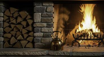 Rustic stone fireplace with roaring fire, stacked firewood logs, and copper kettle photo