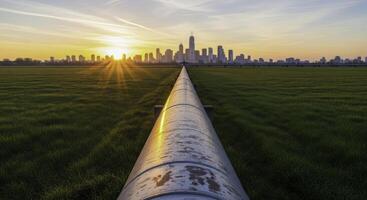 Industrial pipeline stretching across green field towards city skyline at sunset photo