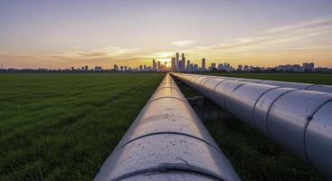 Industrial gas pipelines extending through green field towards city skyline at sunset photo