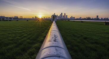 Long industrial gas pipeline stretching across green field towards city skyline at sunset photo