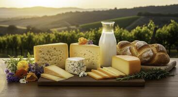Gourmet cheese assortment, fresh milk, and artisan bread on rustic table in vineyard sunset photo