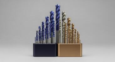 Professional set of metal drill bits in blue and gold, neatly arranged in holders photo