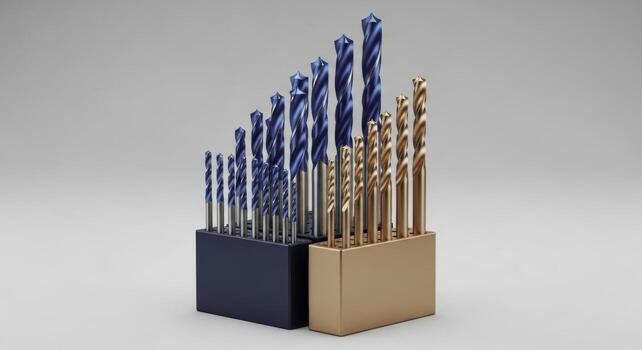 Professional studio photo of diverse metal drill bits set in holders on grey background