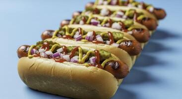 Gourmet hot dogs with mustard, ketchup, onion, and relish in a row on blue background photo