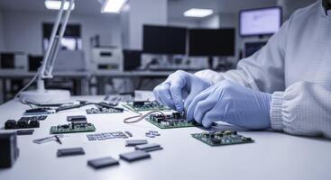 Skilled engineer hands assembling microchip on circuit board in cleanroom laboratory photo