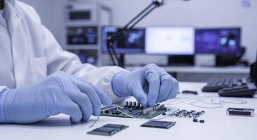 Skilled engineer hands assembling electronic circuit board in high tech laboratory photo