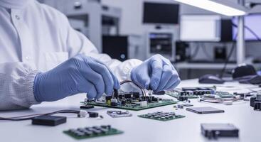 Technician hands in blue gloves assembling electronic circuit board in a cleanroom laboratory photo