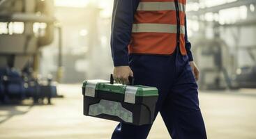 A male industrial worker in a safety vest walking with a green toolbox. photo