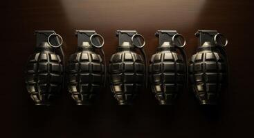 Five vintage military hand grenades, dark metal weapon object photo