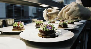 Professional chef plating gourmet chocolate dessert with edible flowers in a modern kitchen photo