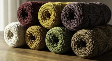 Close up horizontal photo of several rolls of colorful yarn in various earthy tones stacked on a wooden surface