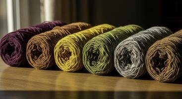 Row of colorful yarn rolls in warm earthy tones on a wooden table with natural light. photo