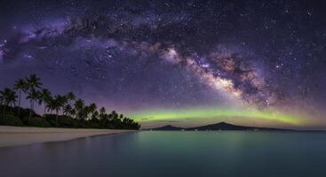 Panoramic view of milky way and airglow above tropical beach and ocean at night photo
