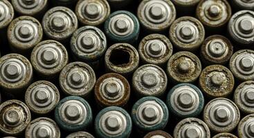 Macro top down view of corroded used batteries with rust and white powder corrosion photo