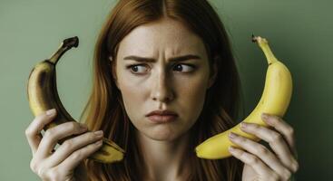 Puzzled young woman holding a fresh yellow banana and a brown overripe banana photo
