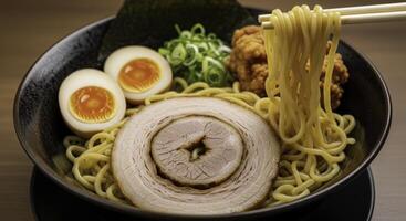 Delicious japanese ramen noodles with chashu pork, soft boiled eggs, and green onions photo